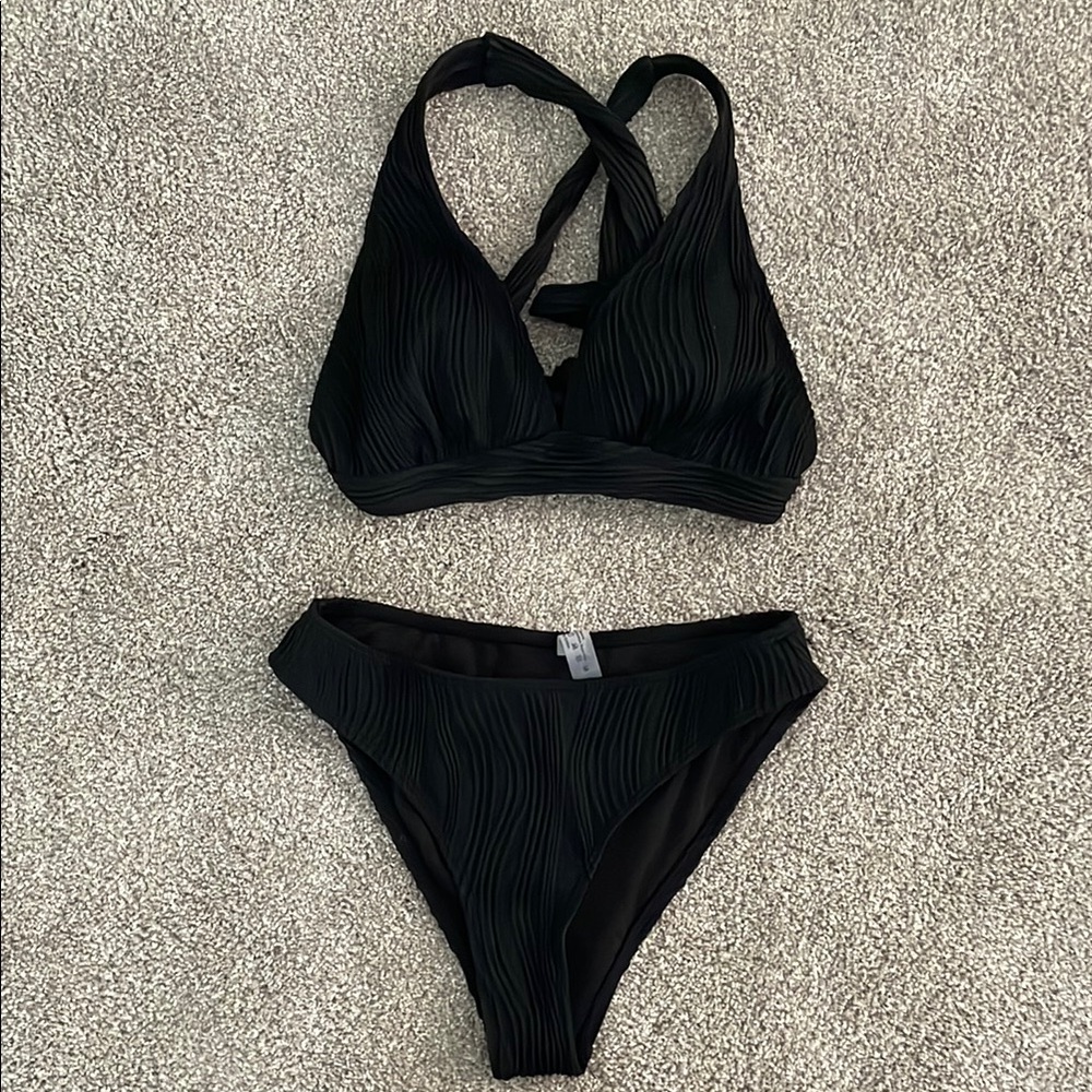 Shein Black Patterned Women's Swimwear Set